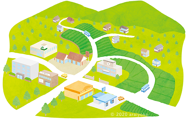 山と街のイラストマップ スーパーや病院 学校が集まっている地図です 公式 イラストレーター アライヨウコ Webサイト