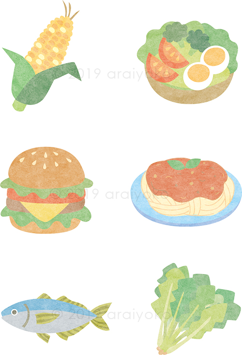 とうもろこし ハンバーガー サラダなどのイラストです 公式 イラストレーター アライヨウコ Webサイト