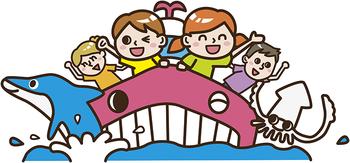 この夏行きたいお手軽クルーズ 特集でクジラの船に乗る親子とイルカやイカのイラストを描きました 公式 イラストレーター アライヨウコ Webサイト