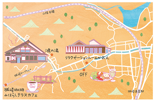 道後温泉と城崎温泉のイラストマップです 観光名所やお店をイラストで描きました 公式 イラストレーター アライヨウコ Webサイト