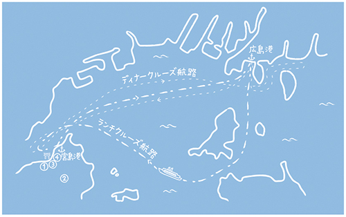 瀬戸内海の観光地イラストマップとクルーズの航路マップを描きました
