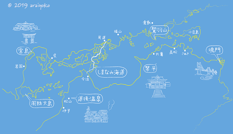 瀬戸内海の観光地イラストマップとクルーズの航路マップを描きました